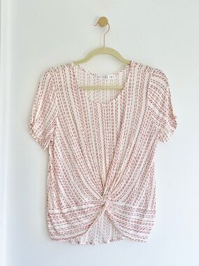 Potter's Pot Off-White Short Sleeve Twist-Front Top w/ Rust Stripes | Women’s S